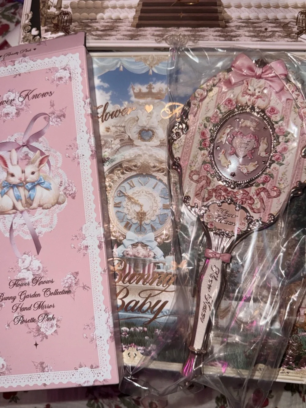 Flower Knows Bunny Pink Decorative Hand Mirror